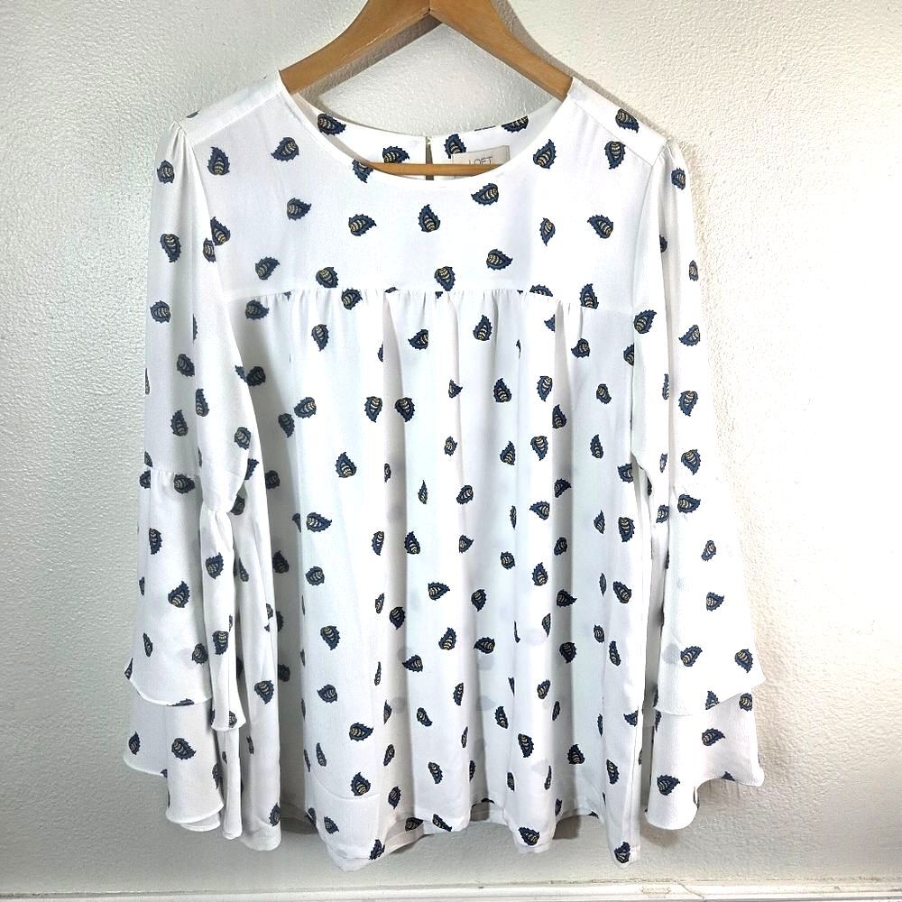 LOFT Outlet Boho Peasant Blouse Womens M White Ruffle Bell Sleeve Career Top